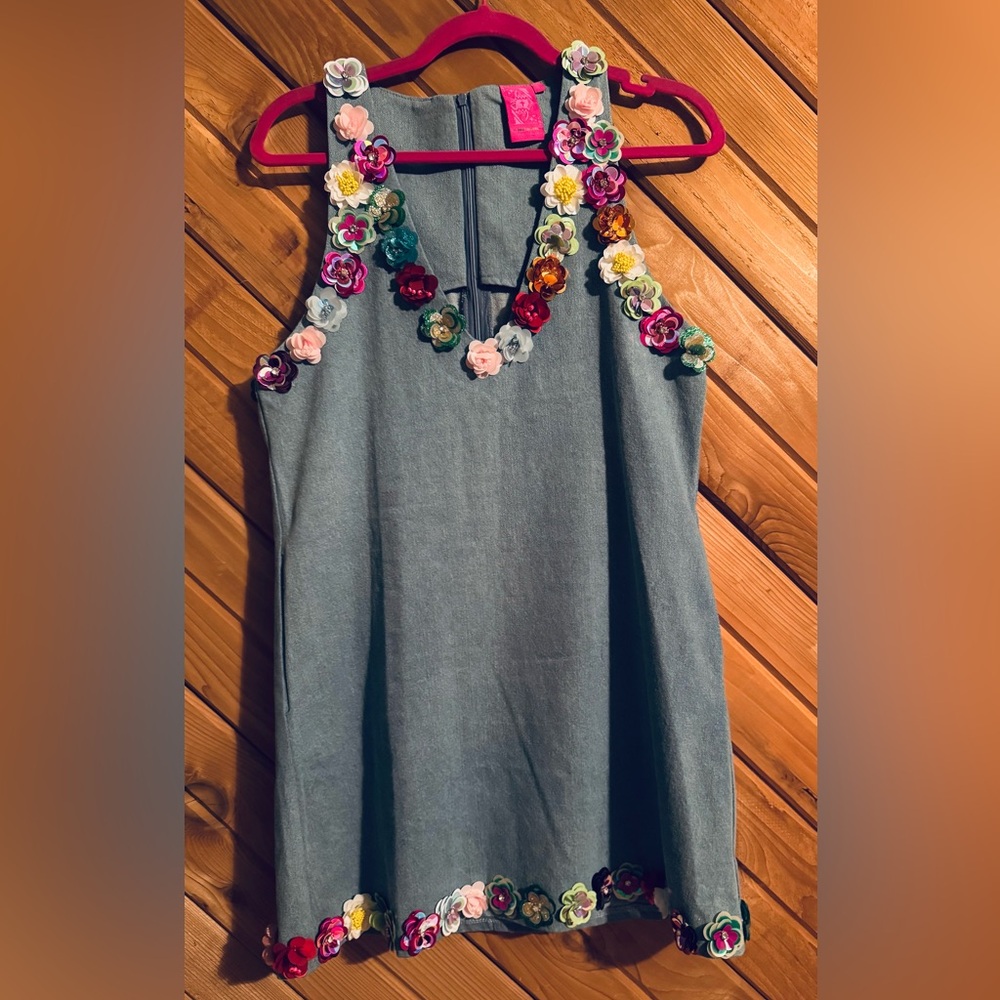 QUEEN OF SPARKLES - Denim Dress w/Colorful Floral Accents